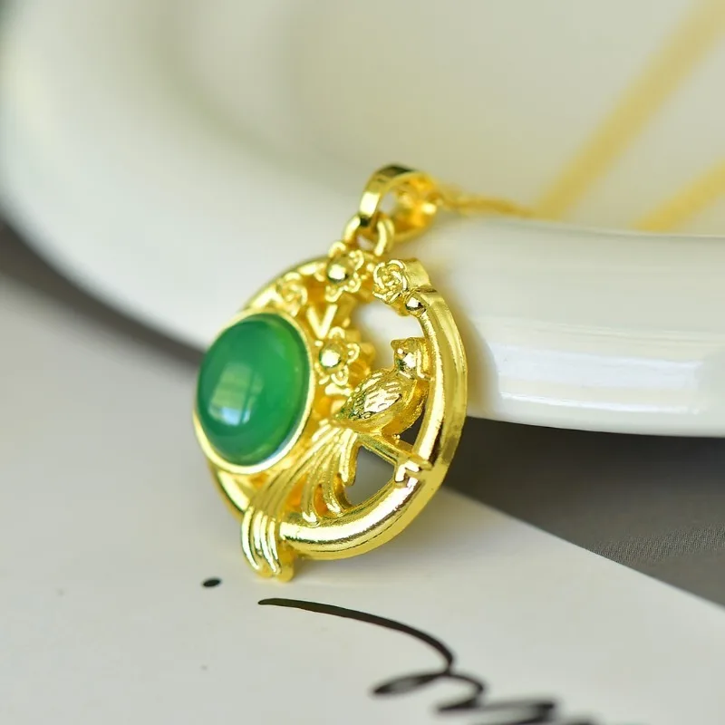 Copper Inlaid Chalcedony Green Egg Surface Happy Eyebrow Pendant Emperor Green Chalcedony Water Drop Hollow Necklace Women's