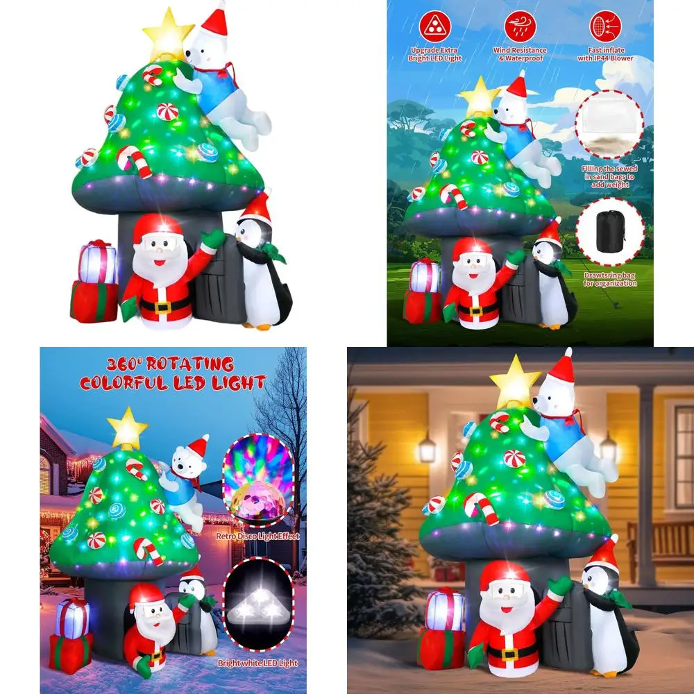 

Надувной домик Санты-гриб высотой 2,1 м с полярным медведем и пингвином, светодиодной подсветкой, рождественской елкой и подарками для уличного праздничного декора