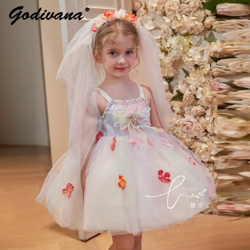 Sweet Baby Girls 2026 New Spring and Summer Spaghetti Strap Princess Dress Kids Fashion Sequin Pearls Mesh Veil Flower Ball Gown