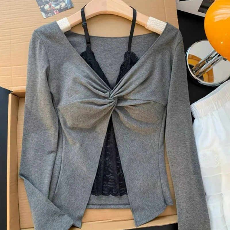 

Solid Color Sexy Lace V-neck Base Shirt for Women's Fake Two-piece Long Sleeved Top Рубашка С Длинными Рукавами