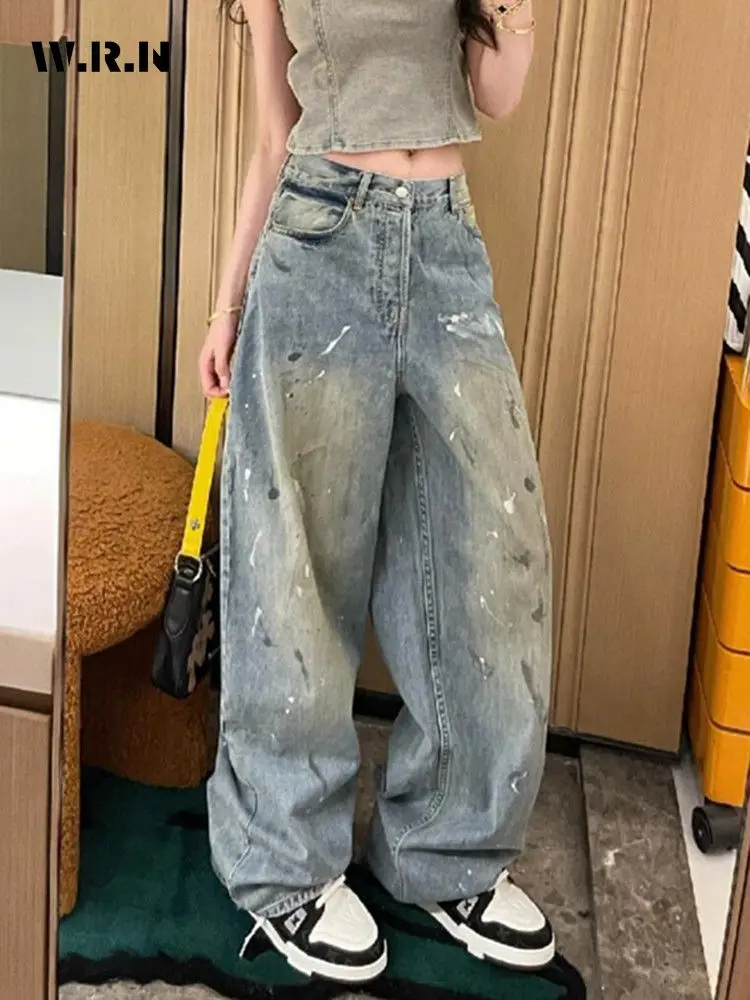 Women's Vintage High Waist Printting Jeans Korean Baggy Blue High Street Style Pants Fashion Wide Leg Y2K Female Denim Trouser