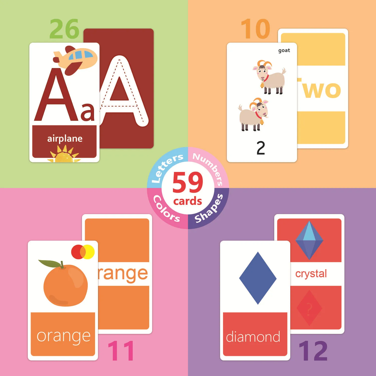 Children's early education cards,FlashCards, learning words, shapes, colors, numbers, English, vegetable letterscard visuals
