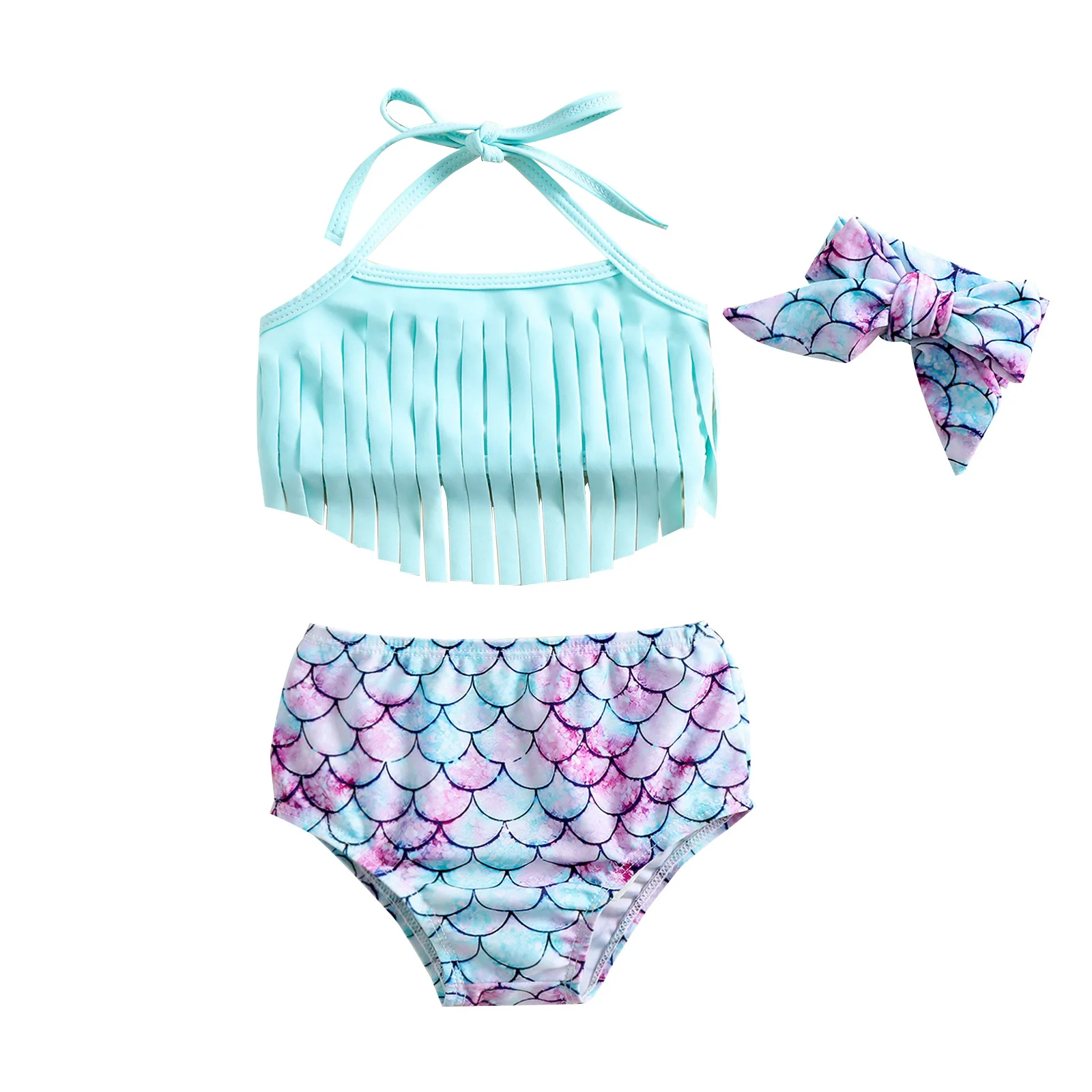 

0-24M 2-4T Baby Girls Tassels Bikini Swimwear Infant Toddler Two Pieces Swimsuit Blue Mermaid Halter Beach Bathing Suit 3pcs/set