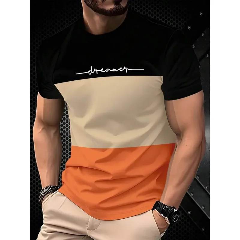 2026 Digital Print Short Sleeve T Shirt Men Three Color Patchwork Texture Free Elastic Soft Breathable Streetwear Casual Top