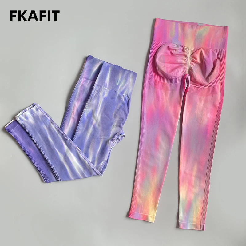 Leggings esportivas tie dye com gradiente para ioga femininas sem costura cintura alta push up leggins mujer para treino de fitness