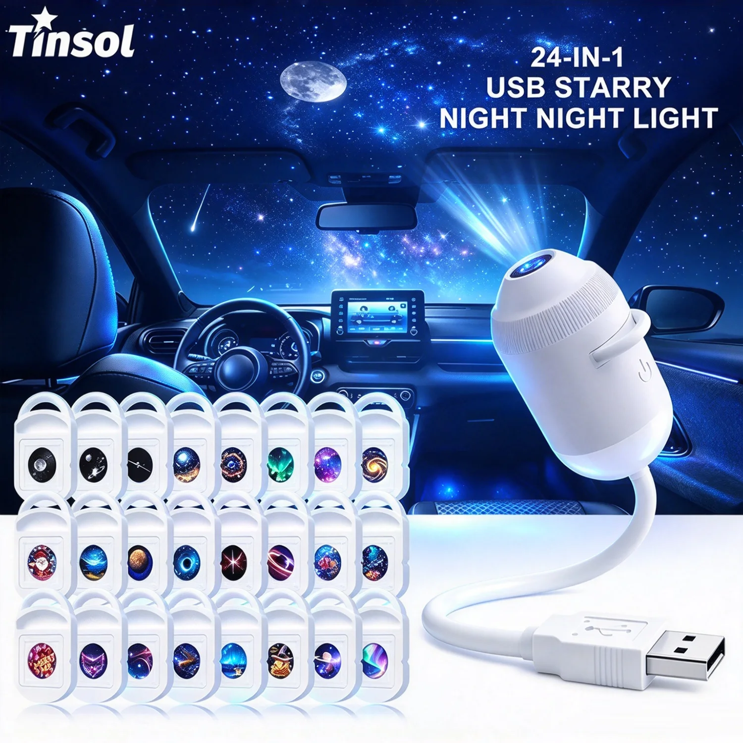 TINSOL USB Starry Sky Projector Car Atmosphere Light Suitable for Cars Home Bedroom Night Light Romantic Galaxy Atmosphere Light