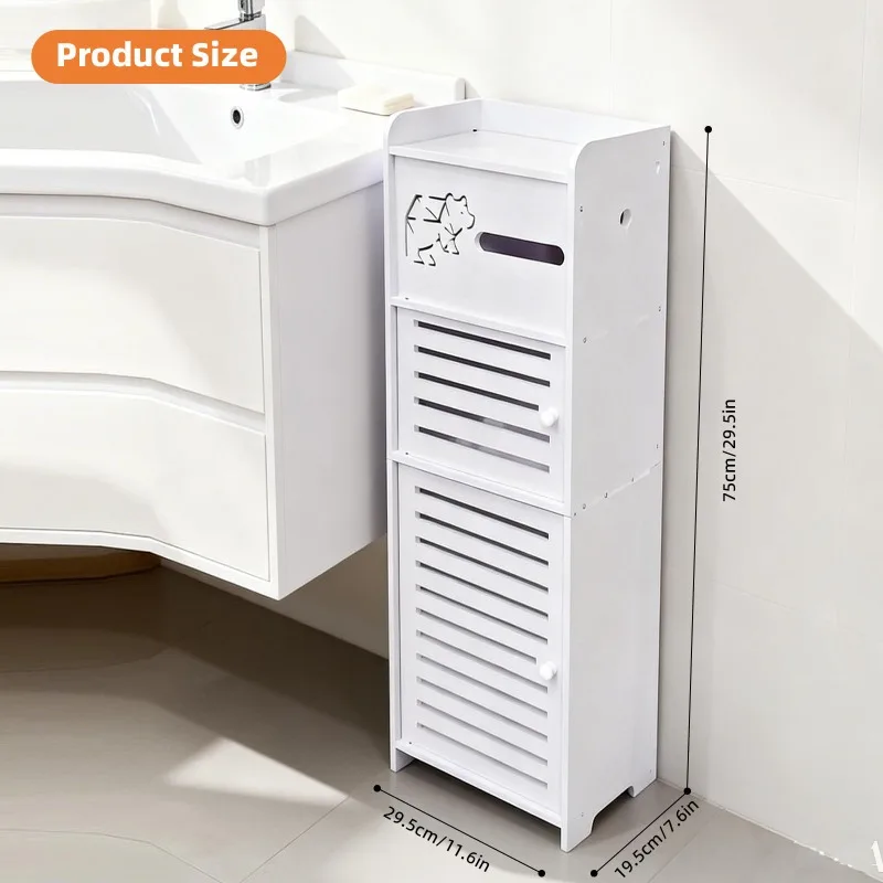 1PC Independent White Bathroom Cabinet, Toilet Paper Storage Cabinet, Multi-Tier Storage Shelf, Made Of Durable Wood-Plastic Material, With Door For Moisture And Dust Prevention, Suitable For Small Spaces, Bathroom Towels, And Toiletries Storage