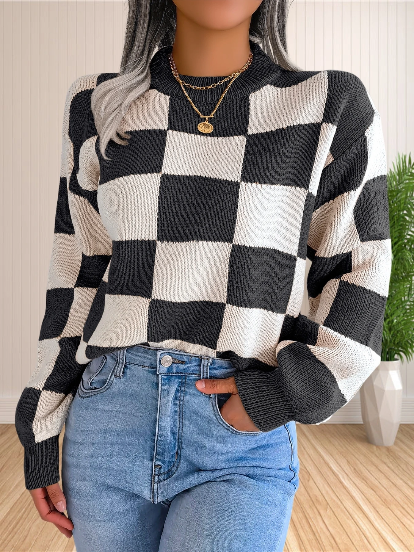 Women's Color Block Checkered Crew Neck Long Sleeve Y2K Plaid Knitted Pullover Sweater Tops Vintage Preppy Style Knitwear