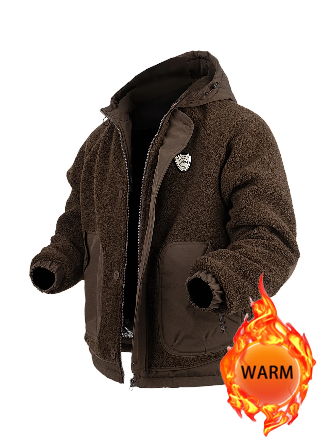 

Men's Hooded Fleece Zip Jacket Thickened Warm Autumn&Winter Outerwear Drawstring Hem Elastic Cuffs with Pocket Casual Loose Coat