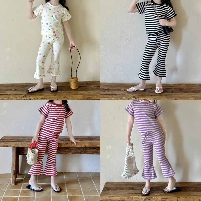 

2026 Summer New Girls Casual Striped Clothes Set Children T Shirts + Pants 2pcs Suit Kids Girls Short Sleeve Two-piece Set