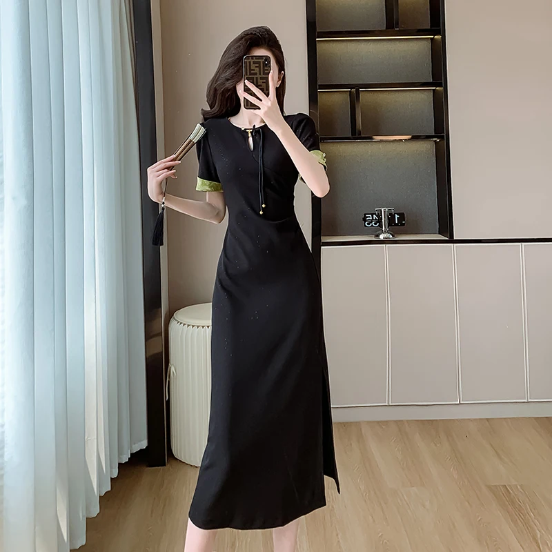 

EIYOVVI 2024 Summer Chinese Style Celebrity Charm Shining Elastic Slim Fit Tether Long Split Dress Elegant Contrasting Colors