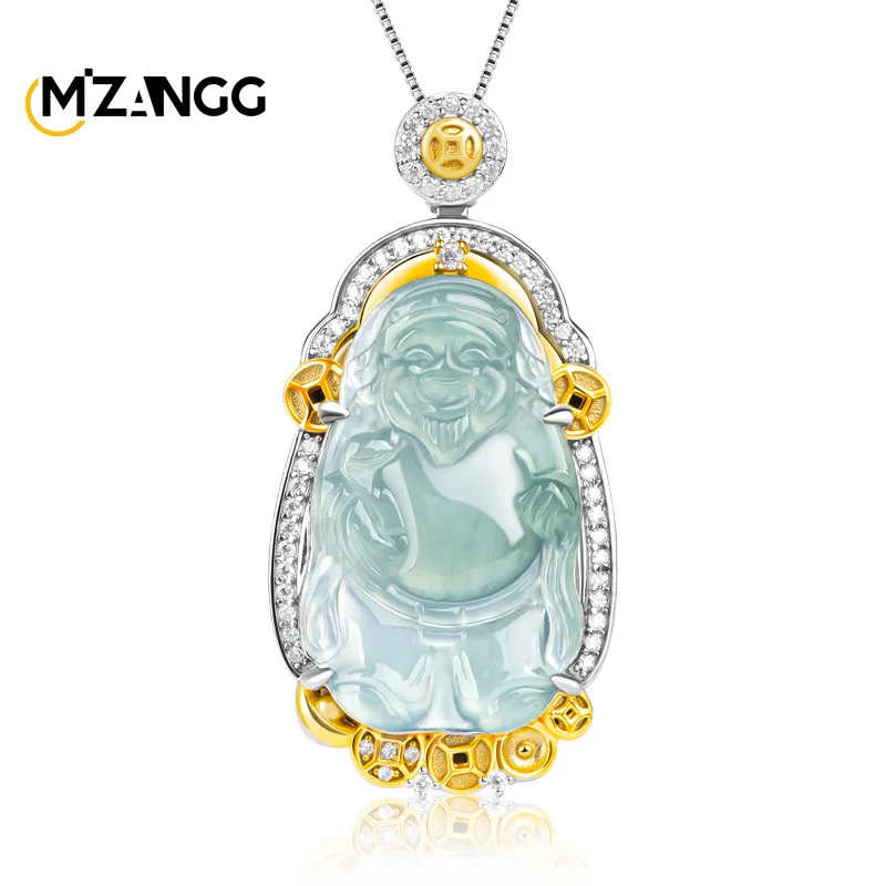 

Natural Jadeite Blue Water God of Fortune Pendant S925 Silver and Ice Jade Necklace Exquisite Fashion Men and Women Mascots Gift