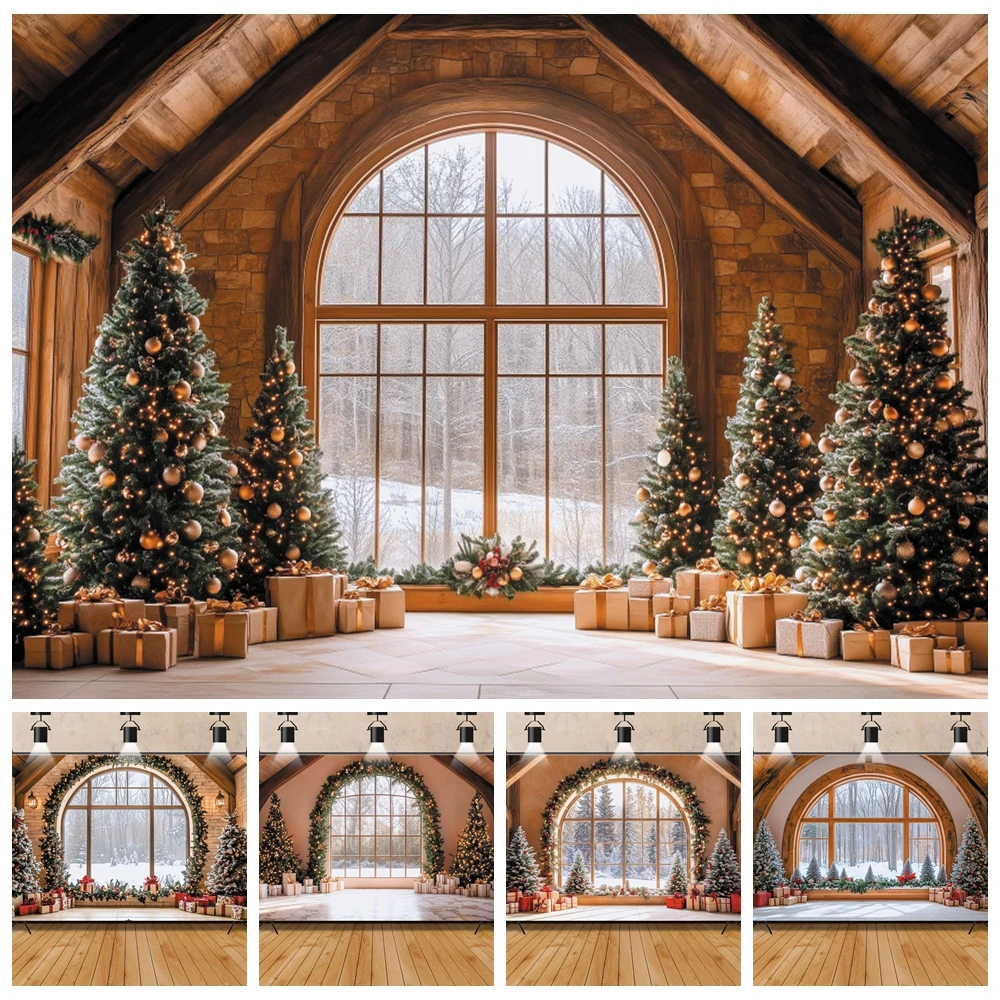 

Фон для фотосъемки: Большая рождественская елка, украшения, арочное окно, подарки, детская и семейная вечеринка, портретная фотография