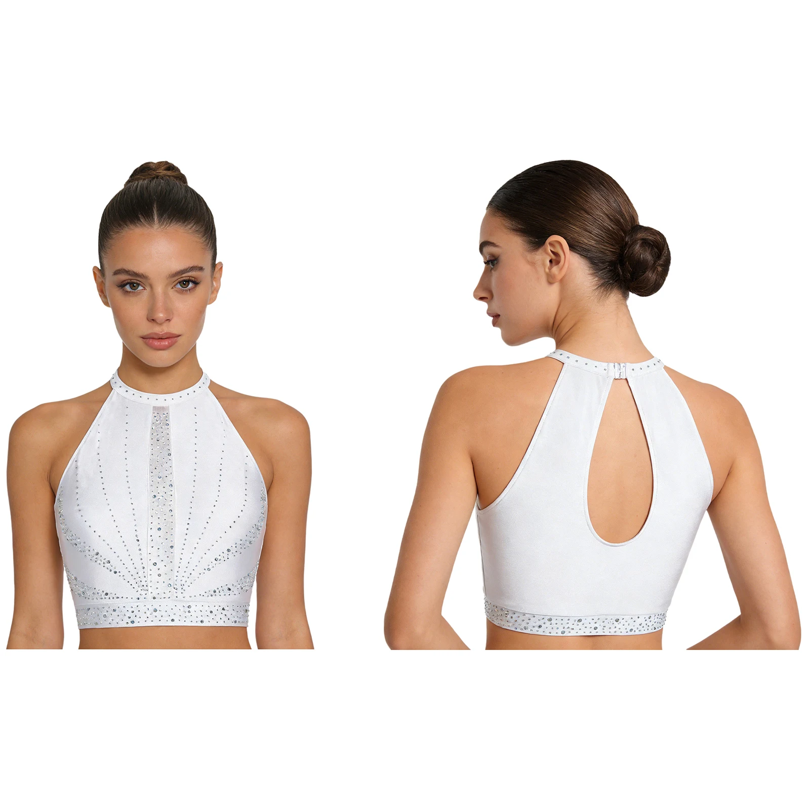 Vrouwen Moderne Lyrische Danskostuum Kunstschaatsen Gymnastiek Acrobatiek Dancewear Strass Crop Tank Top Shimmy Mesh Broek