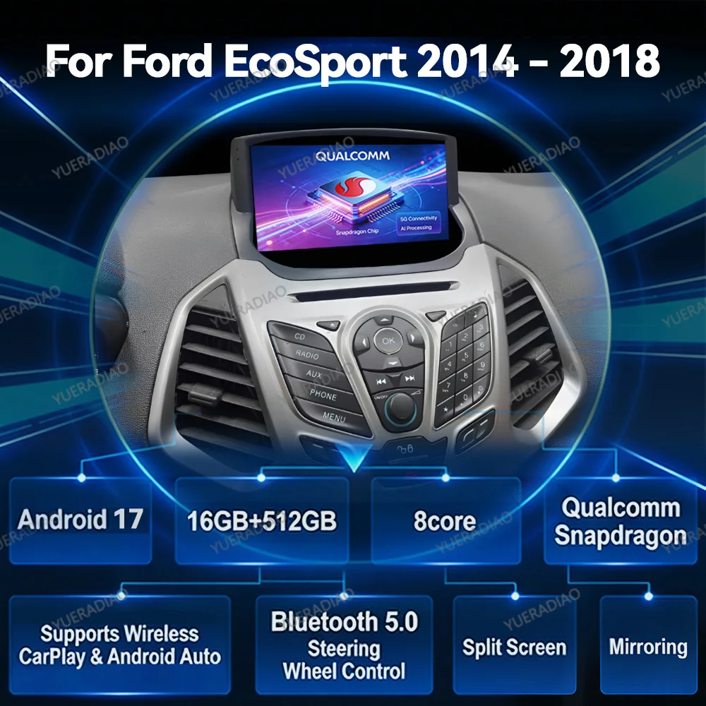 Rádio Automotivo Android 17 para Ford EcoSport 2014 - 2018 com Bluetooth, GPS, Navegação, Multimídia 2DIN, Reprodutor de Vídeo e Unidade Central QLED