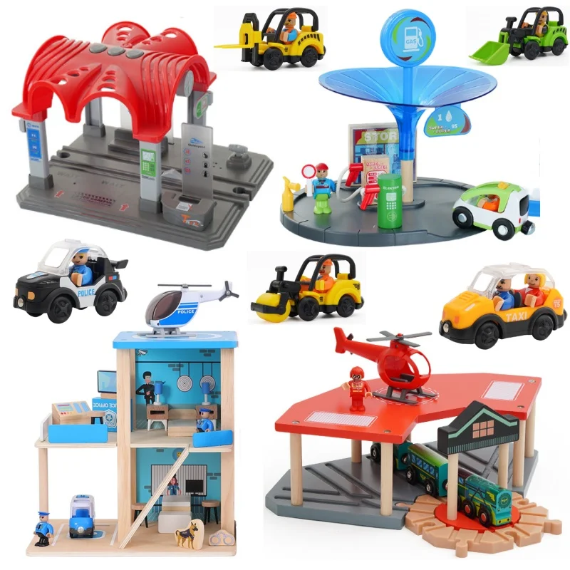 Wooden Train Track Accessories Tower Crane set Rail Connectors set Wooden Train Toys set Turntable Bridge Tunnel Urban Rail set