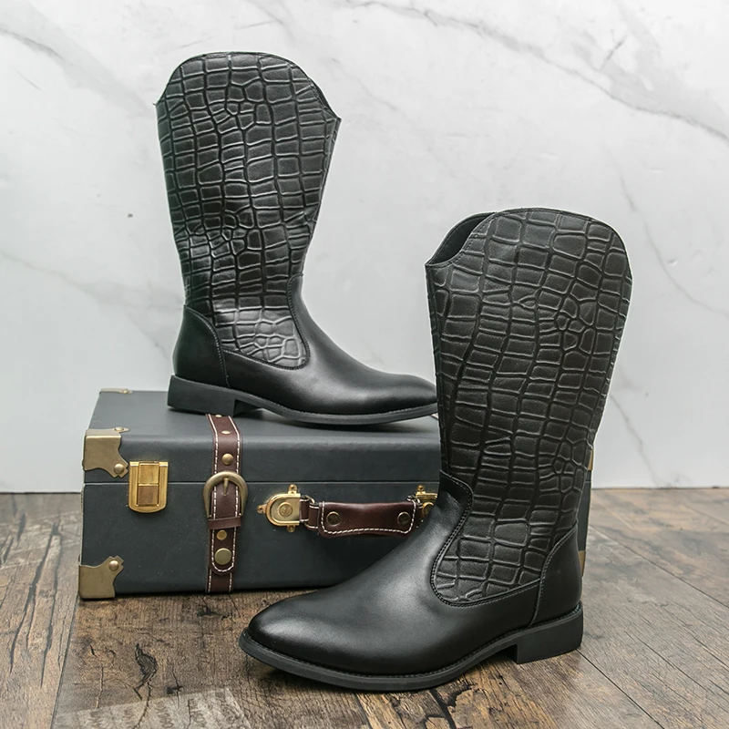 

European American Men Autumn Winter New Oversized Western Cowboy Boots Spliced Side Zipper Fashionable Youth High Top Boots