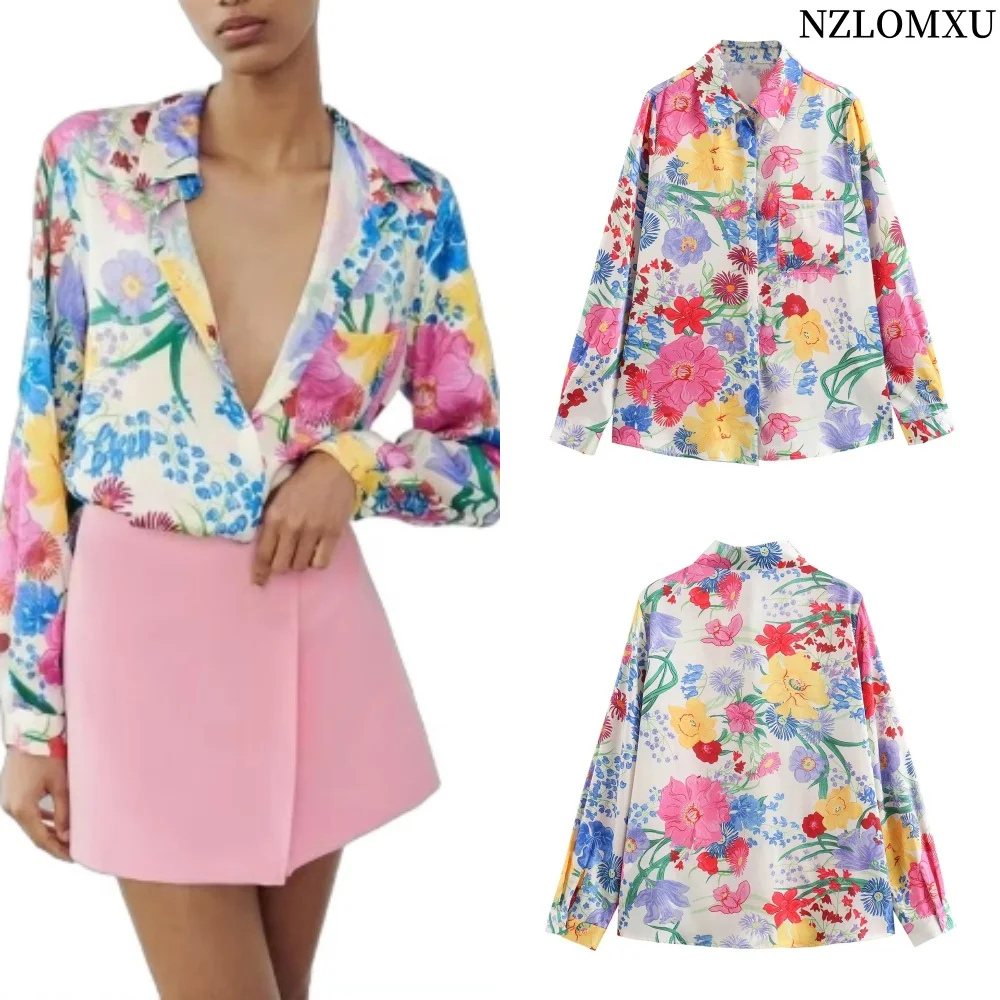 

Women's Clothing 2024 Autumn New Ruili Sweet Casual Lapel Long-sleeved Satin Texture Floral Print Shirt 2342/275