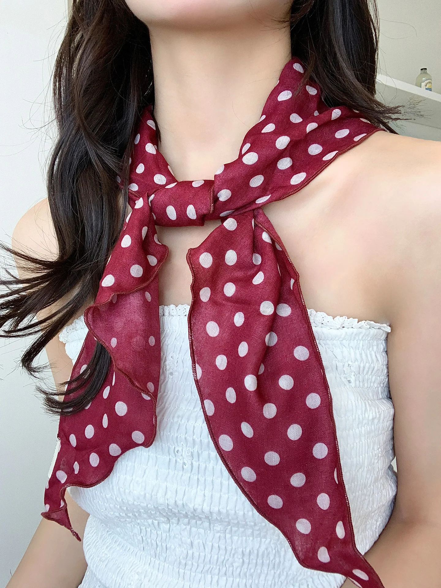 Red Polka Dot Silk Scarf Women's Spring Summer Thin  Scarf Fashionable Decorative Neck Scarf Accessory Japanese Style