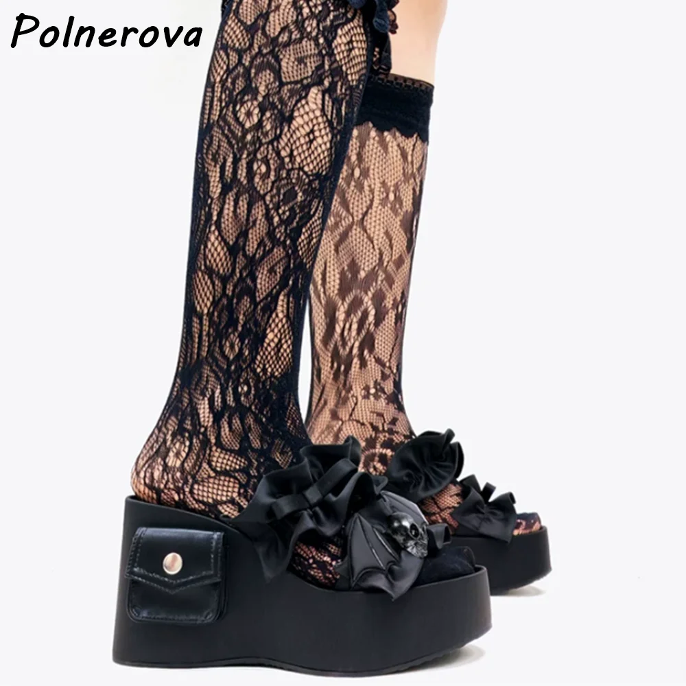 Gothic Bat Skull Decor Wedge Slippers Platform Satin Ruffle Bow Open Toe Thick Sole Shoes Dark Lolita Punk Summer Women Shoes