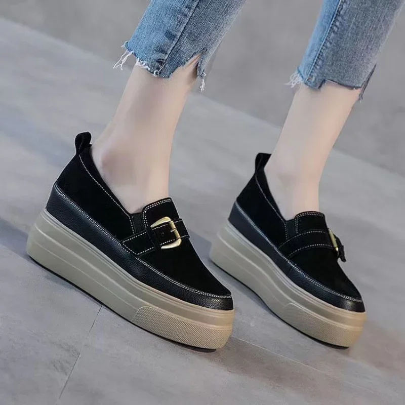 Thick Sole Shoes Women Spring New Genuine Leather Versatile Black Casual Elevated Women\'s Shoes Platform Sneakers High (5cm-8cm