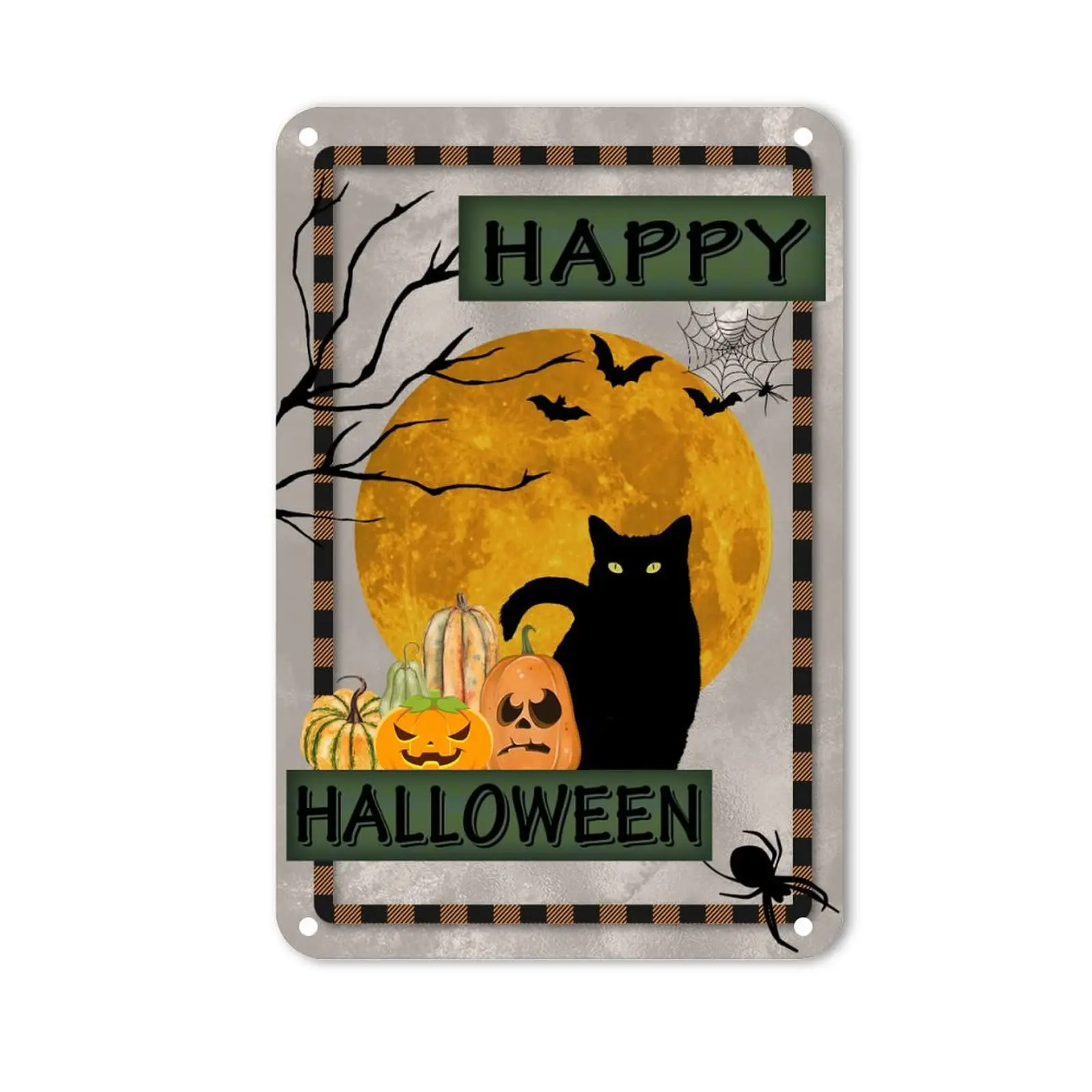 Happy Halloween Tin Metal Sign Pumpkin Cat Bat Spider Moon Wall Metal Signs Rustic Chic Horror Themed Metal Aluminum Sign Decora