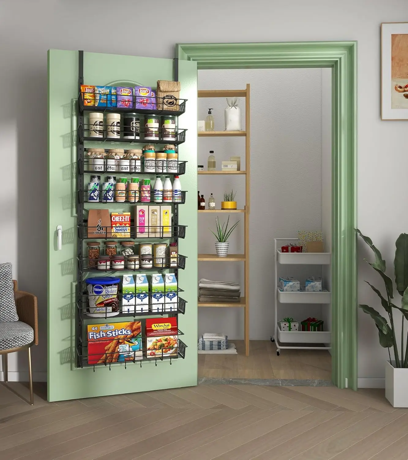 

Over The Door Pantry Organizer, Wall Mount Spice Rack, Pantry Hanging Storage And Organization, 8 Adjustable Baskets Heavy-Duty
