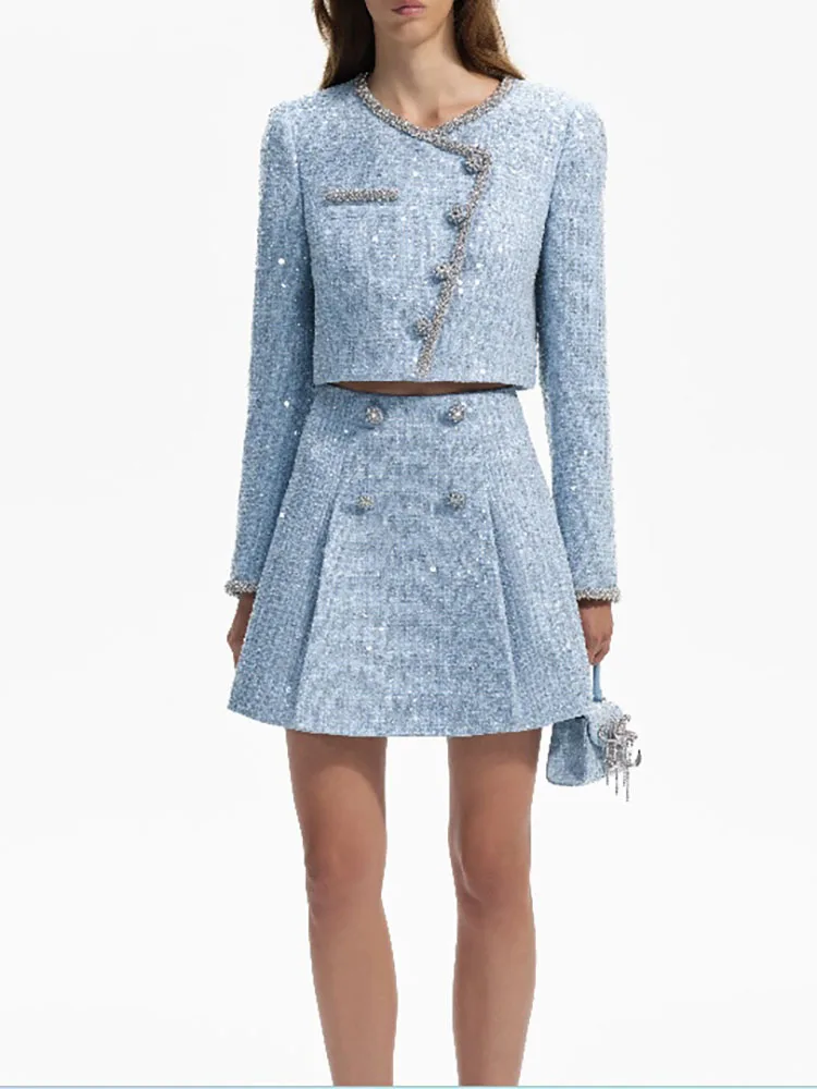 y2k spring/summer round neck slant placket sequin drill button jackets for women2023 high waist tweed midi dresses short sets