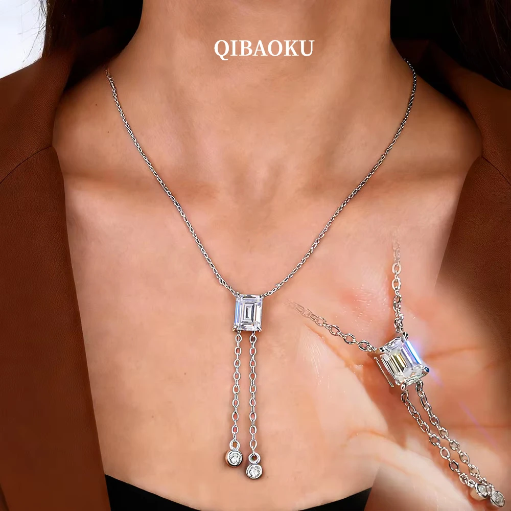 QIBAOKU 1Carat Emerald Moissanite Pendant Necklace 925 Sterling Silver Solitaire Tassel Neck Chain for Women Jewelry Gift 2026