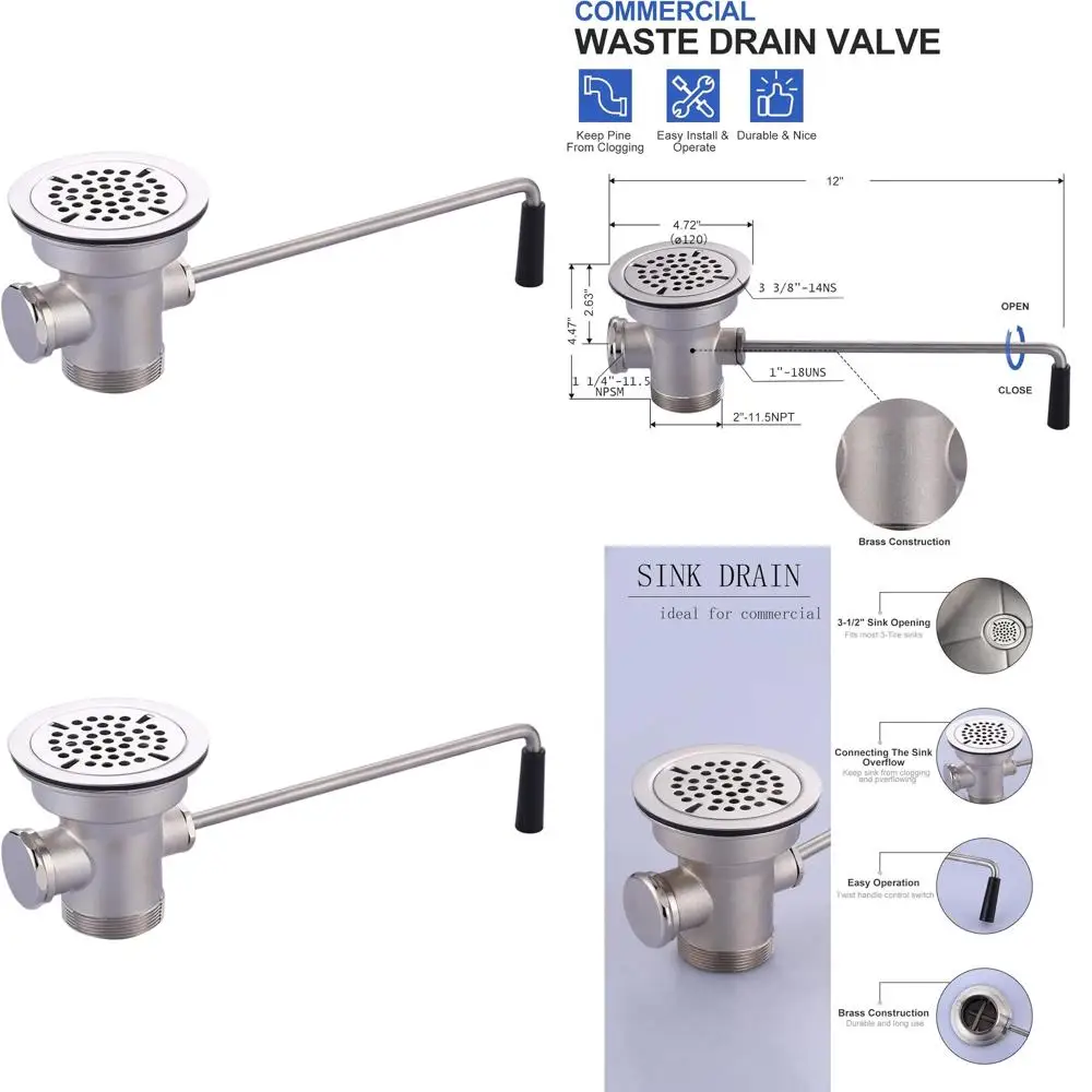 

3-1/2 Brass Sink Drain with Handle - Commercial Waste System for Preventing Clogs in Restaurant Sinks