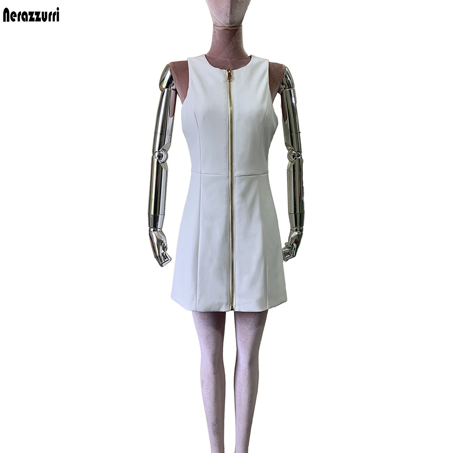 Nerazzurri Summer Short Sexy Fitted White Faux Leather Tank Mini Dress Women High Waist Zipper 2026 Prom Dresses Gyaru Clothes