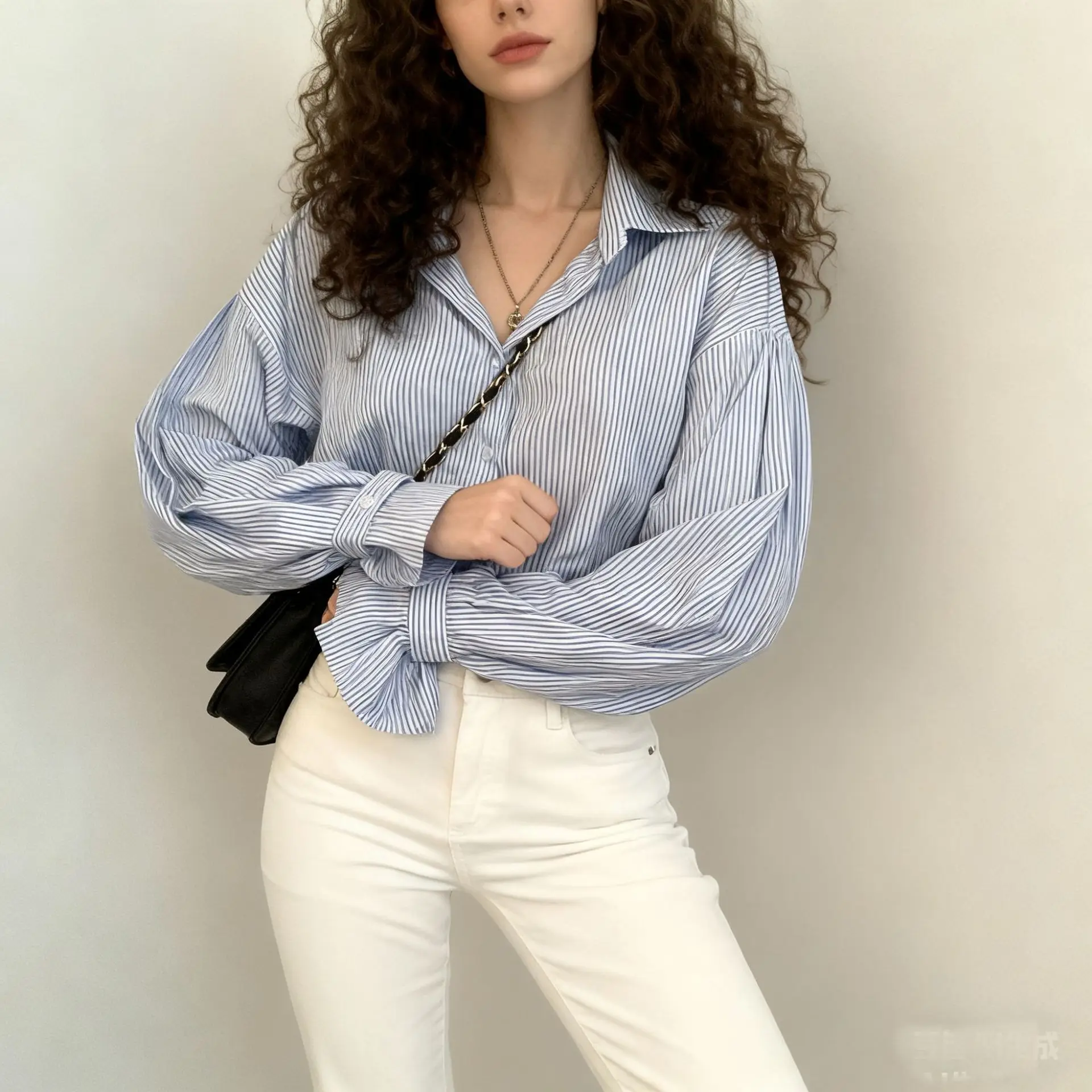 

Lantern Sleeve Striped Shirt Top for Women Spring New Loose Versatile Niche Blouse Mujer Loose Casual Blouses Office Lady Shirts