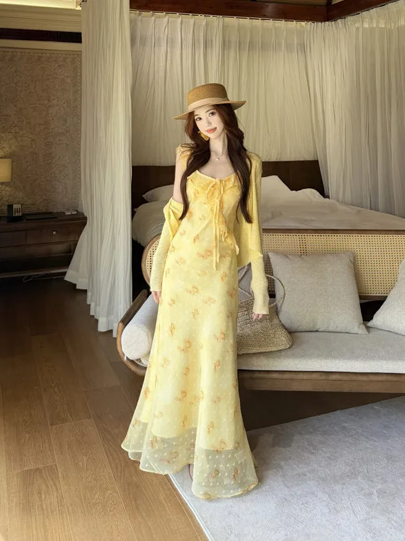 

Vacation Style Women's Two-Piece Set Light Long Sleeve Sun Protection Cardigan Yellow Strap Dress Gentle Wind Thin Material