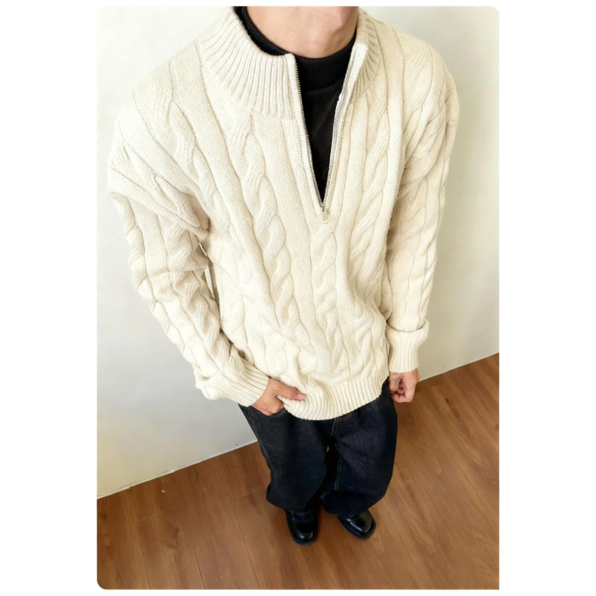 

Winter Casual Thiened Twisted Sweater Stand Collar Men Loose Trendy Knitted Outerwear Comfortable Polyester Fiber Long Sve