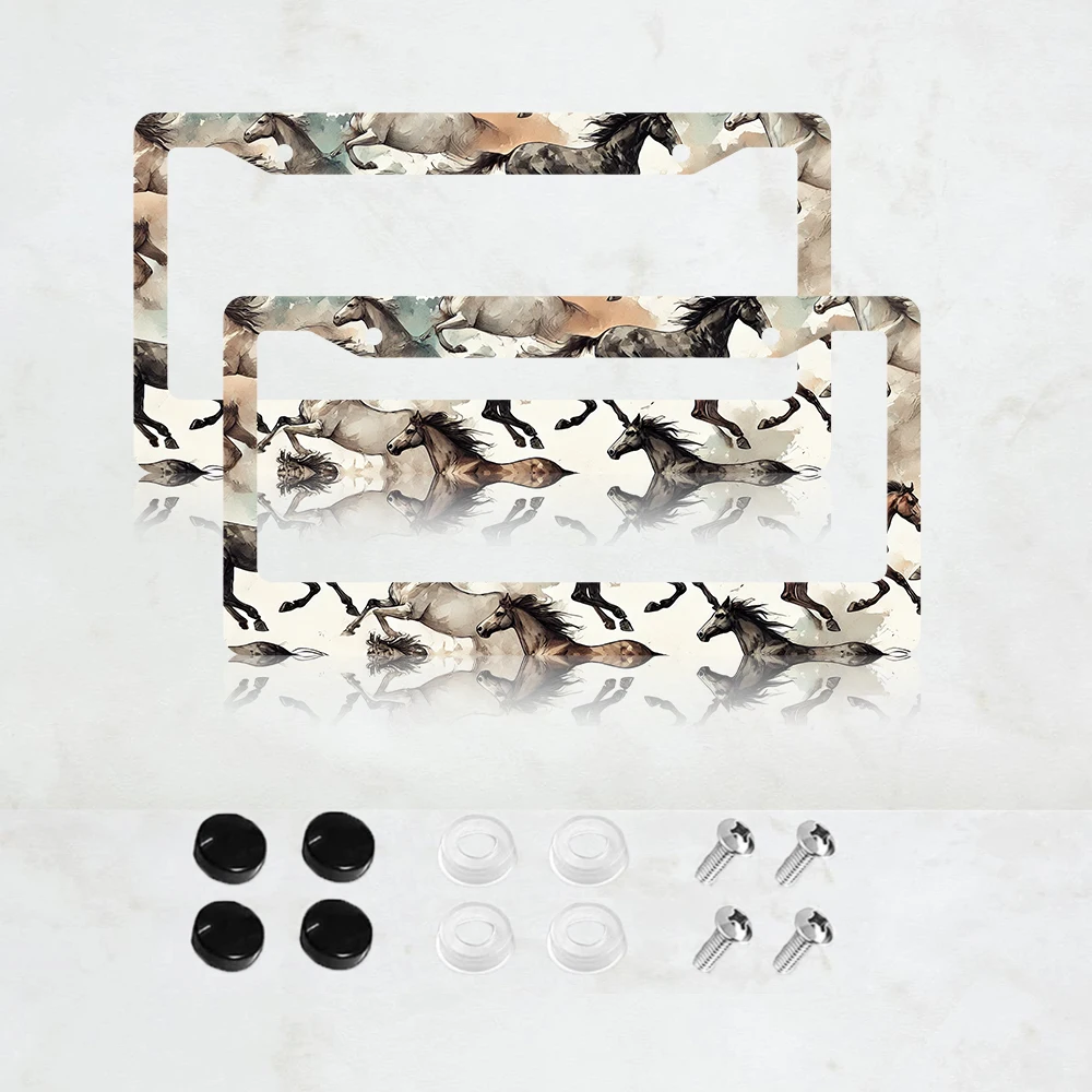 

2PC Watercolor Painting Horses License Plate Frame Animal Aluminum License Plate Frame - US Standard Size, Decorative Car
