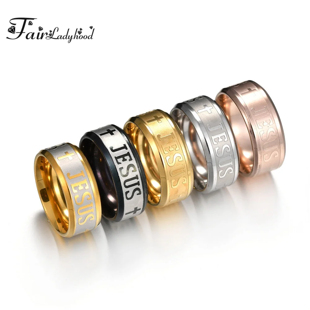 FairLadyHood TOP Quality Catholic 8mm Titanium Steel Silver Color Rose Gold Color Jesus Cross Letter Bible Wedding Band Ring Men