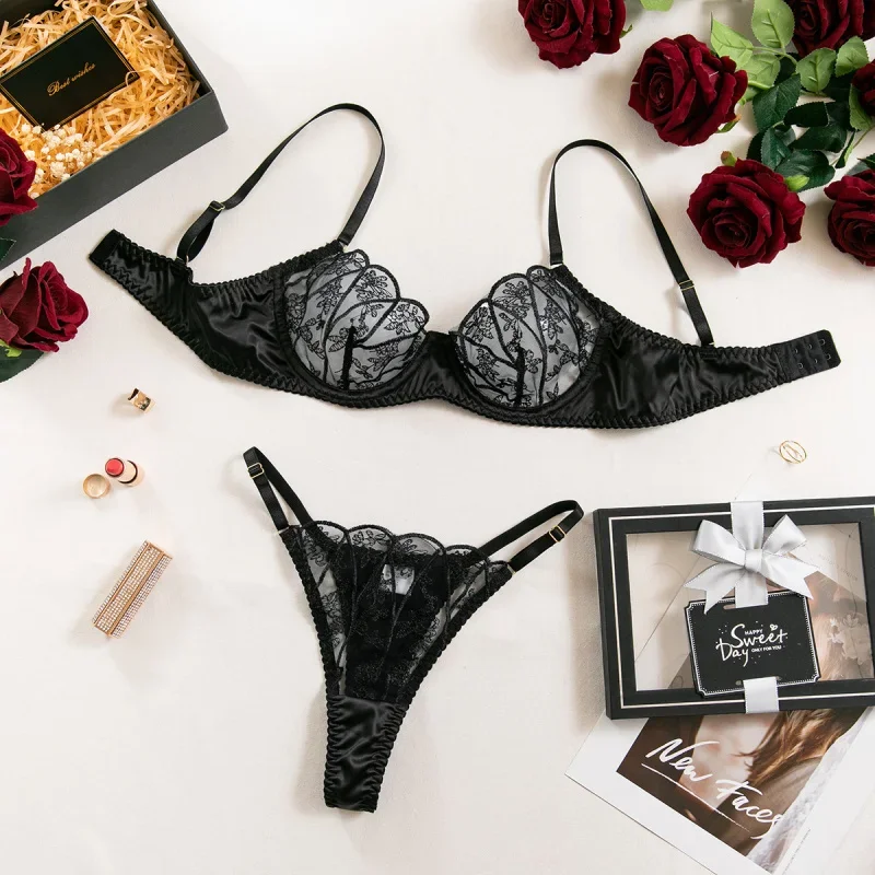 

Bikini Embroidered Bra Thong Set Thin Mesh Two-Piece Set