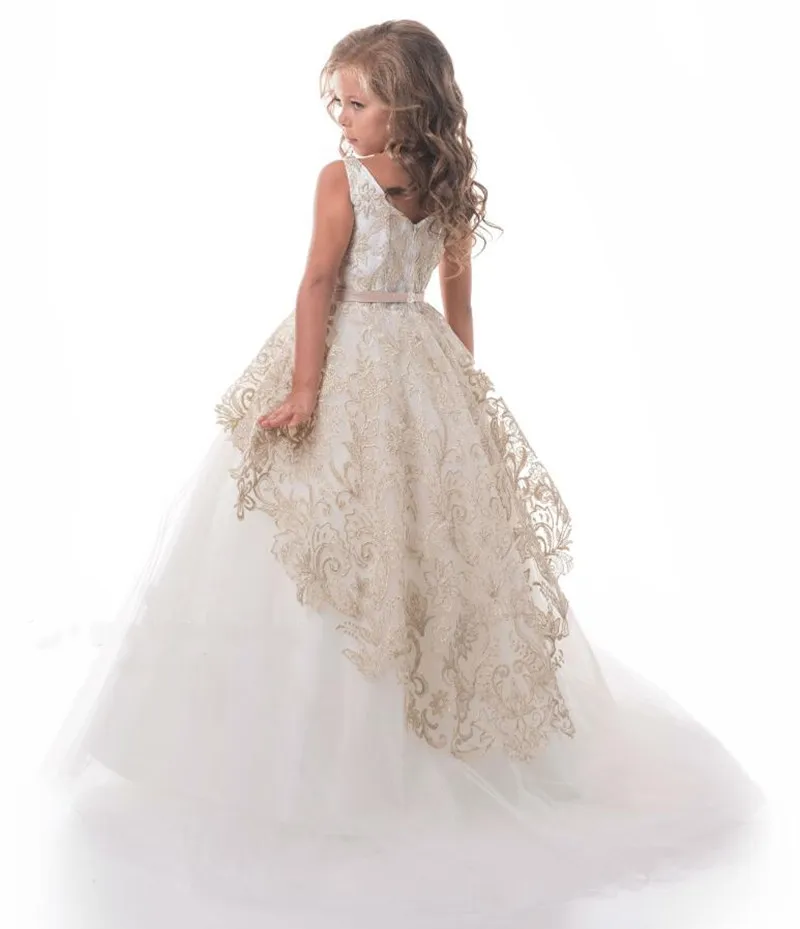 

Gold Lace Ivory Tulle Elegant Flower Girl Dress for Wedding O Neck A-Line Princess First Communion Dresses