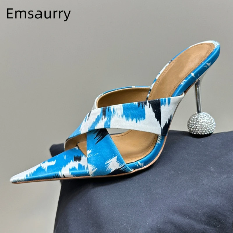 

Luxury Satin Cross Band Sandals Women Sexy Pointed Toe Rhinestone Diamond Strange Heel Slingbacks Mules Summer