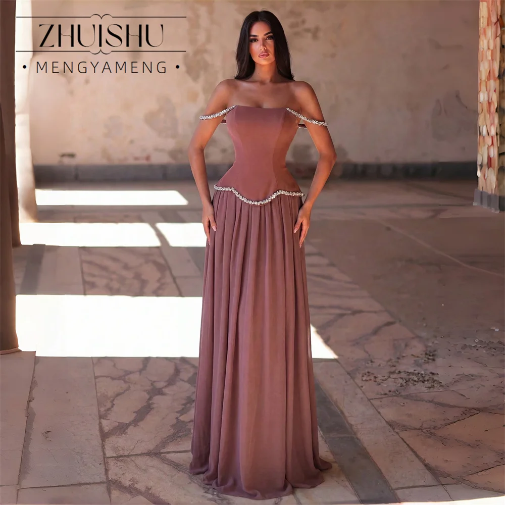 ZHUISHU Vestido de noche moderno con pedrería y cuentas, corte en A, con hombros descubiertos, plisado, de gasa, para fiesta, personalizado