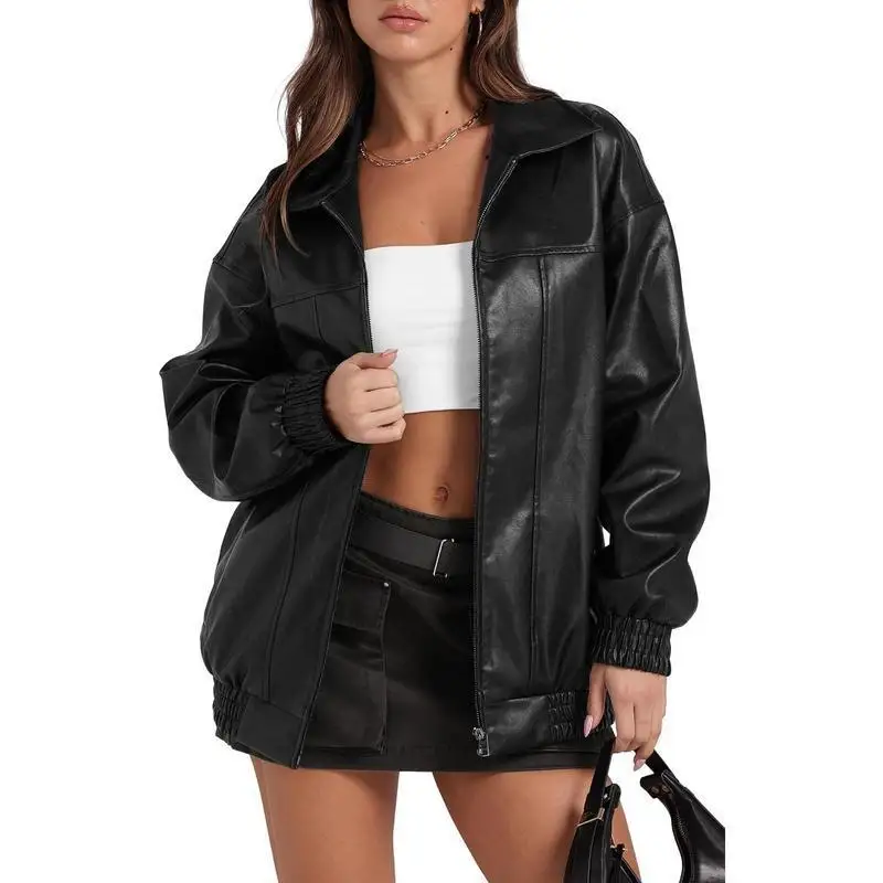 Women's Faux Leather Oversized Motorcycle Bomber Jacket Casual Style Spring Season Fashionable Outerwear for Ladies