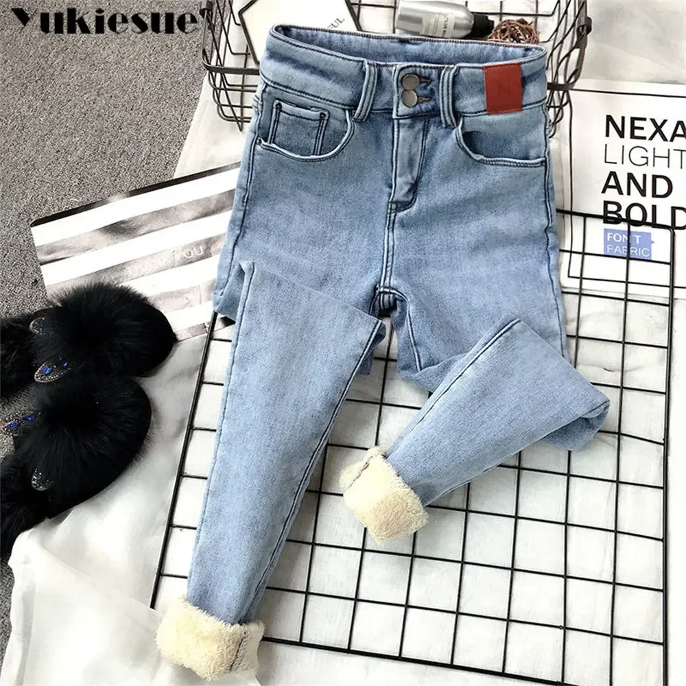 

Зимние джинсовые брюки-карандаш с высокой талией, модные утепленные флисовые узкие женские винтажные кашемировые узкие джинсы для отдыха, женские