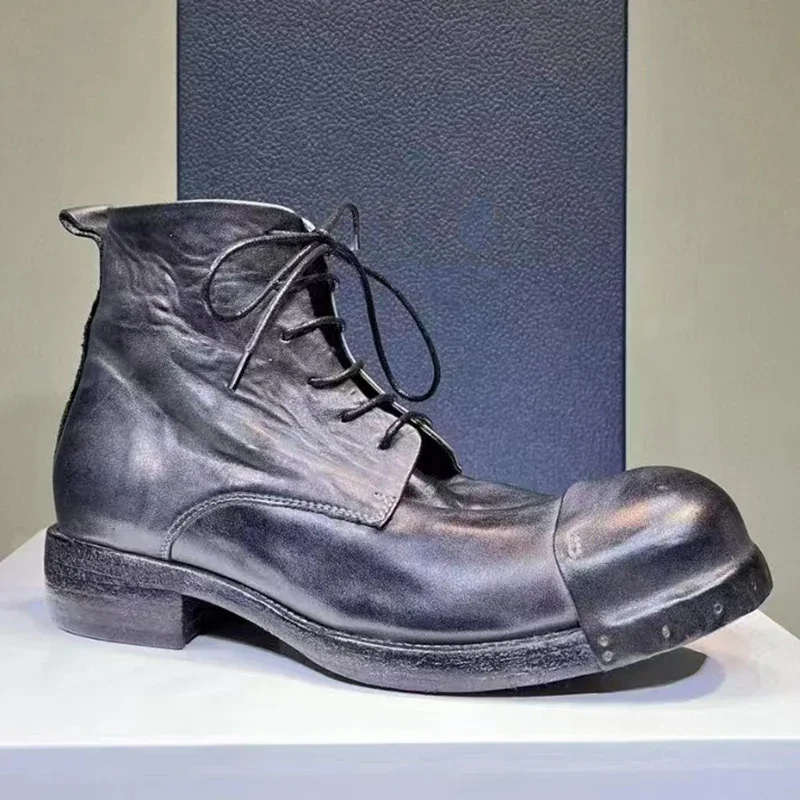 Męskie buty ze skóry końskiej Vintage Wash Water Old Leather Boots Handmade Goodyear - Męskie krótkie buty sznurowane Okrągła głowa Mężczyźni — zdjęcie 4