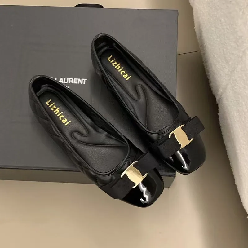 ballet-flats-new-leather-round-head-shallow-bow-multifunctional-single-shoes-women's-leather-bow-bow-design
