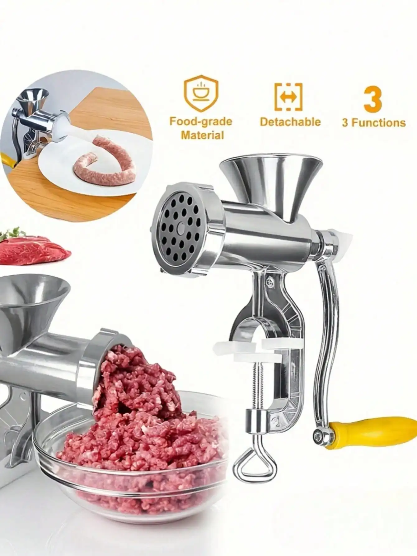 3-In-1 Manual Meat Grinder, Sausage Stuffer, & Pasta Maker | Heavy Duty Hand Crank Mincer With Tabletop Clamp For Home Use(Small)