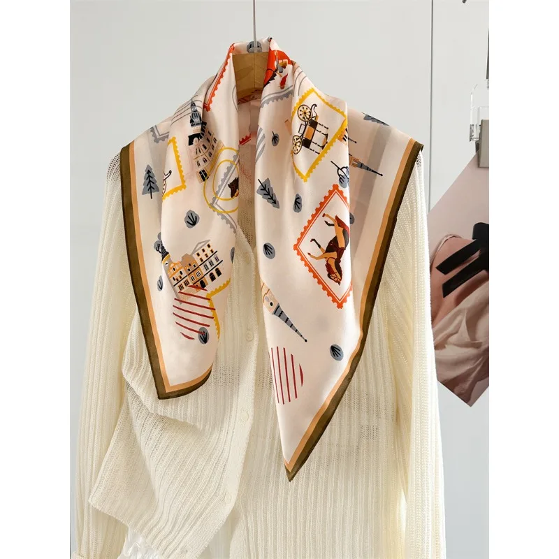 100% MULBERRY SILK 65X65cm Vintage Stamp Equestrian Castle Square Scarf Cream Base Olive Trim Bandana Women Office Travel Gift - view 6