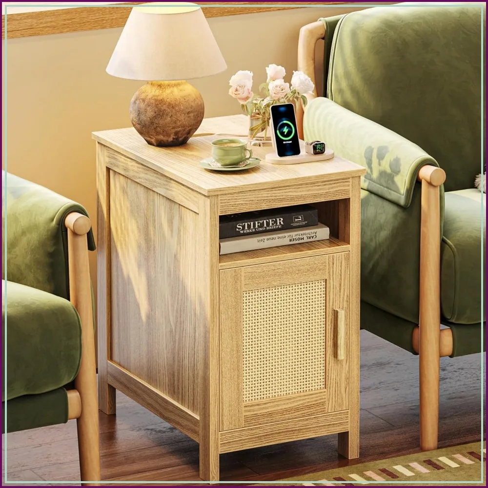 Narrow Night Stand with Charging Station, USB-C Port, Rattan Side Table with Cabinet and Open Shelf, for Small Spaces, Bedroom