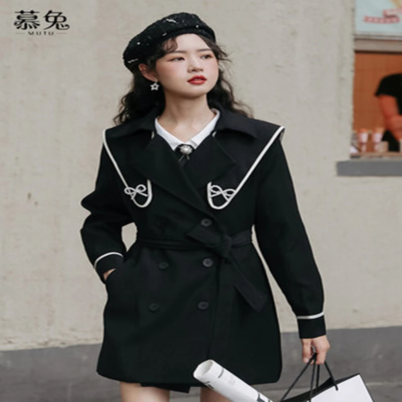 

Korean Navy Collar Trench Coat Women's Spring 2022 New Small JK Design Sense Advanced Medium Length Coat