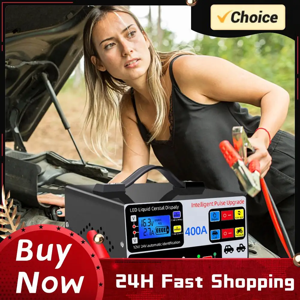 

400A Heavy Duty Smart Battery Charger 12V/24V Intelligent Pulse Repair Charger LCD Display Self-Stop Battery Charger Five-Stage