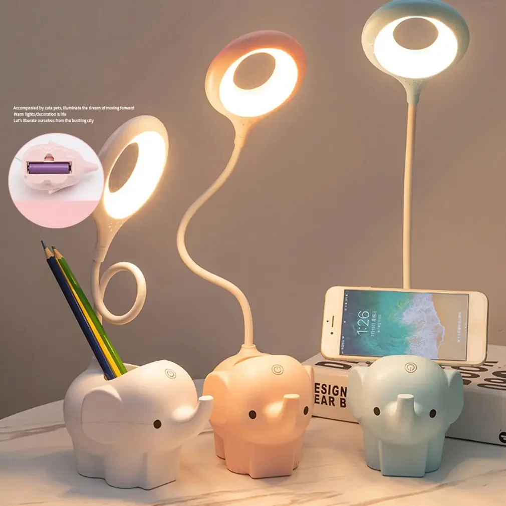 Creative Elephant LED Desk Lamp Adjustable Silicone Hose 3 Gear Study Reading Book Lights Multi-function Lamp